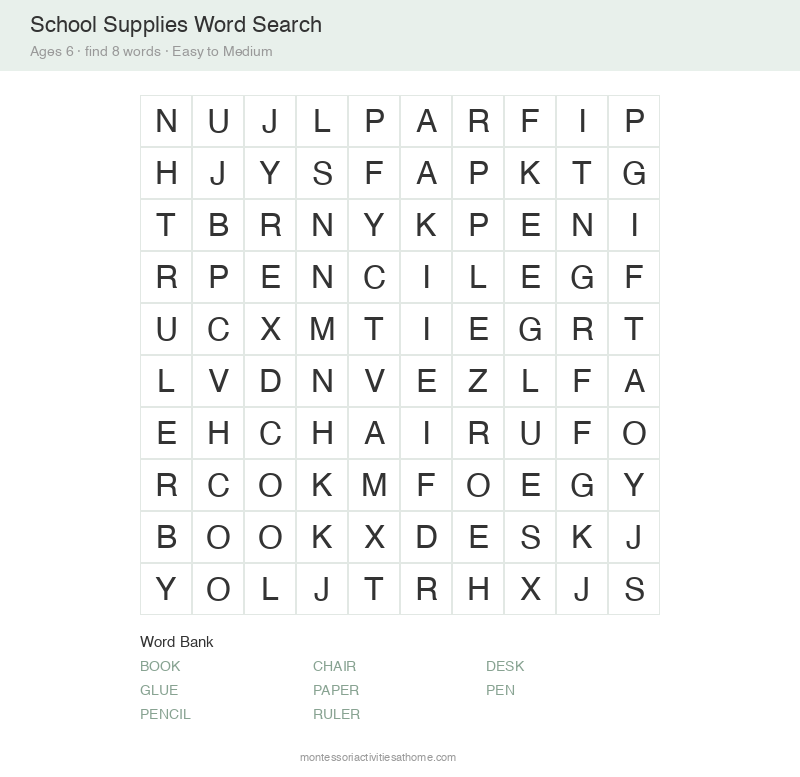 Free printable school supplies word search for 6 year olds &mdash; 10x10 grid with 8 hidden words