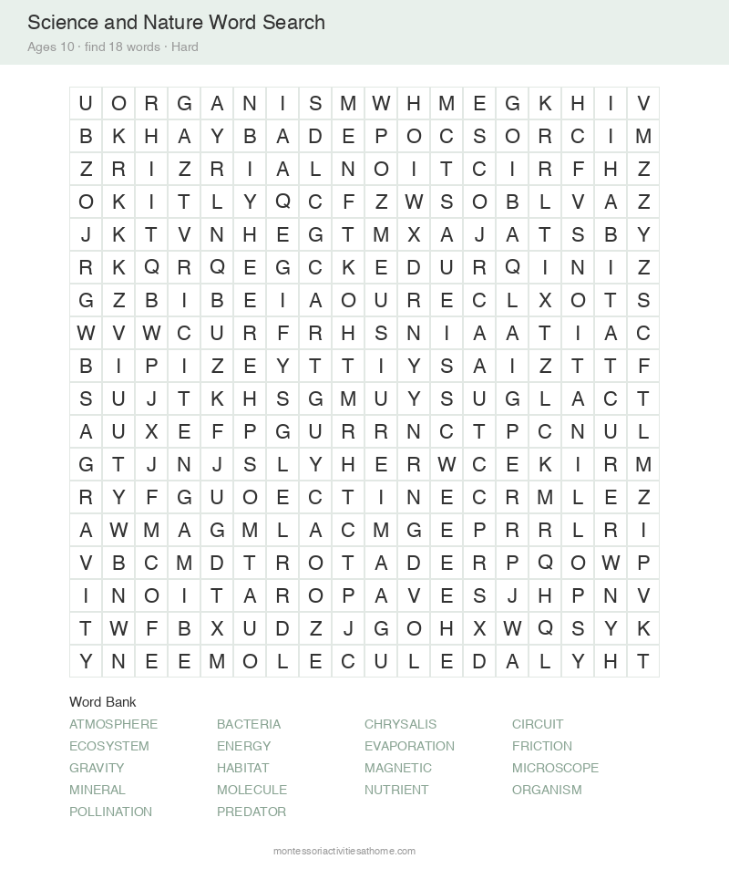 Free printable science and nature word search for 10 year olds &mdash; 18x18 grid with 18 hidden words