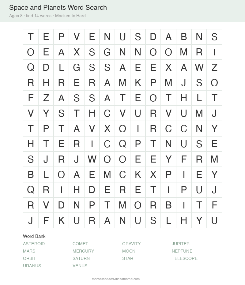 Free printable space and planets word search for 8 year olds &mdash; 13x13 grid with 14 hidden words