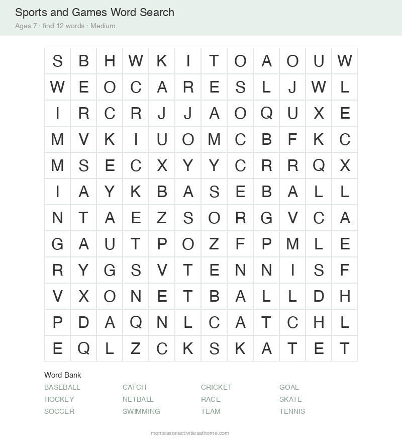 Free printable sports and games word search for 7 year olds &mdash; 12x12 grid with 12 hidden words