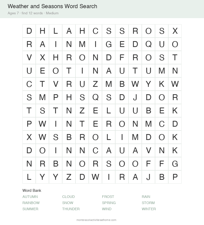 Free printable weather and seasons word search for 7 year olds &mdash; 12x12 grid with 12 hidden words