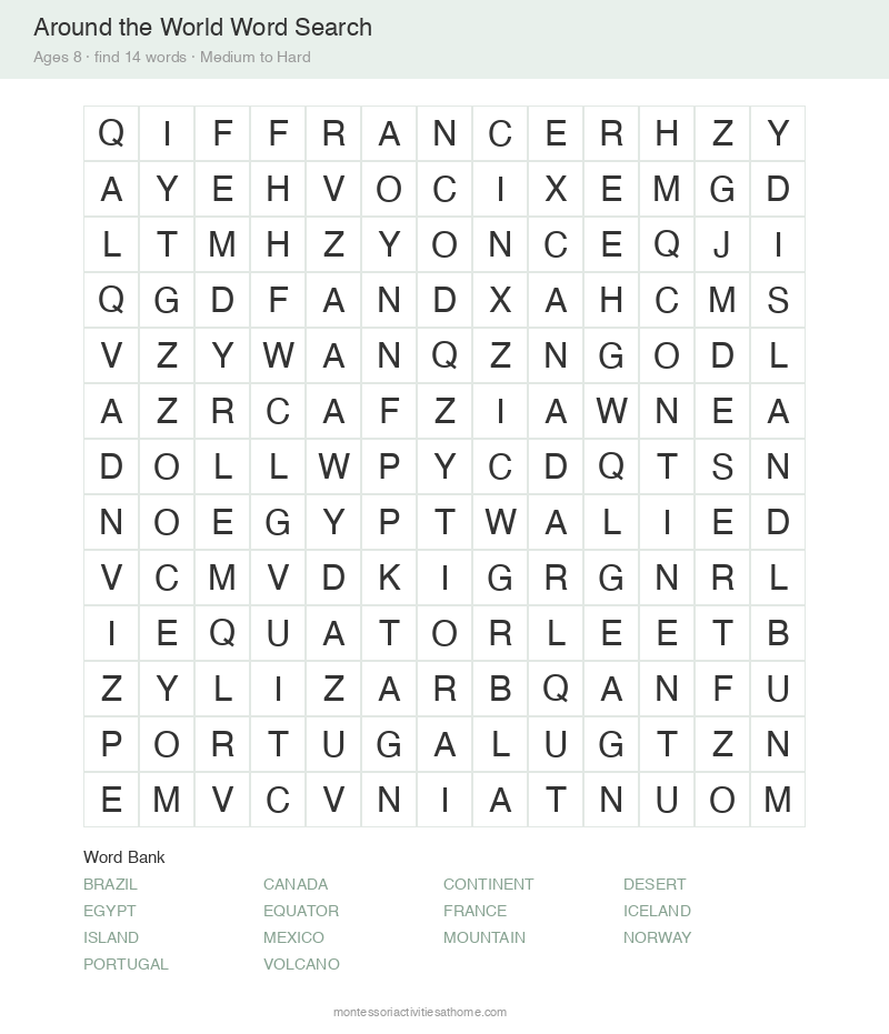 Free printable around the world word search for 8 year olds &mdash; 13x13 grid with 14 hidden words