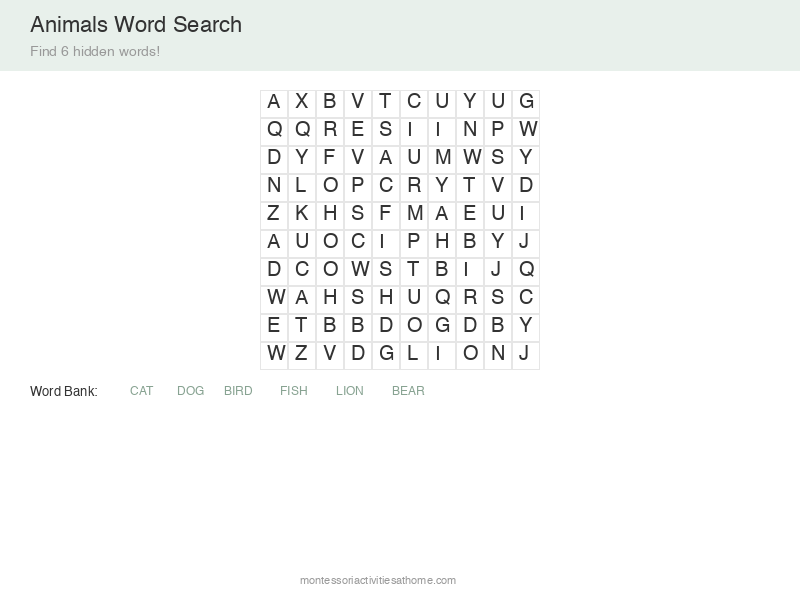 Animals word search puzzle for kids - easy difficulty with 8 animal words
