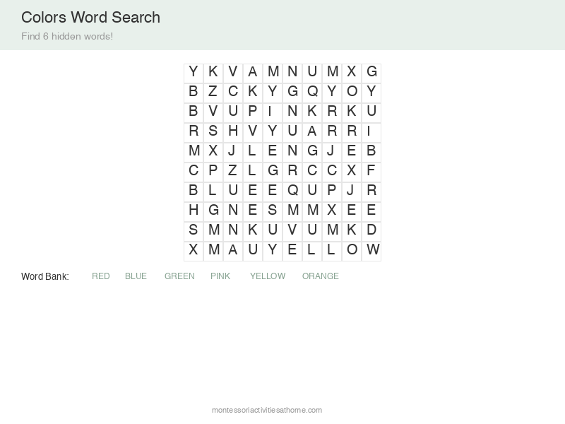Colors word search puzzle for kids - find 10 color words in the grid