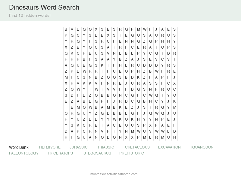 Dinosaur Word Search (Hard) puzzle for kids - find 10 hidden dinosaurs and palaeontology words