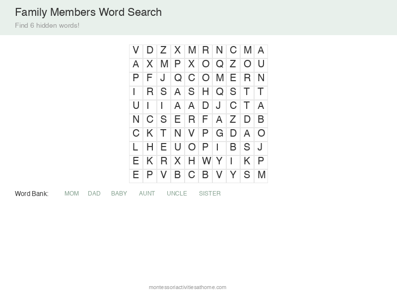 Family Word Search puzzle for kids - find 6 hidden family members words