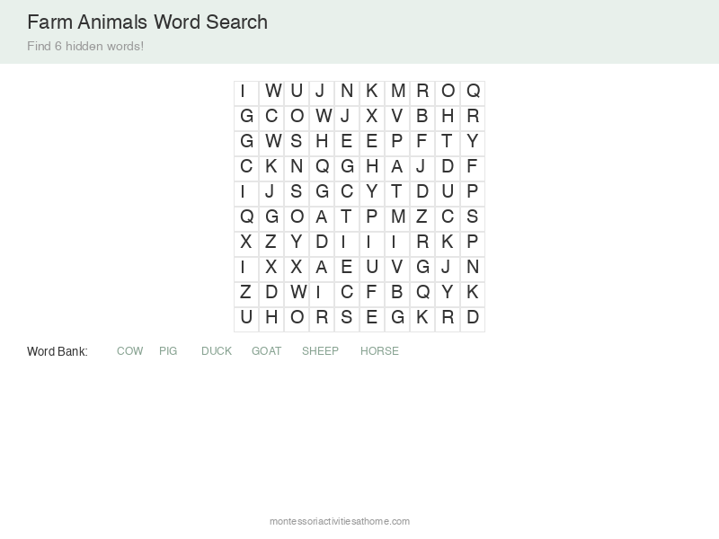 Farm Animals Word Search puzzle for kids - find 6 hidden farm animals words