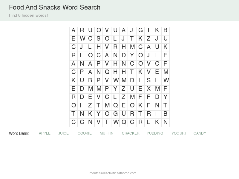 Food word search puzzle for kids - find 12 food words including fruits and snacks