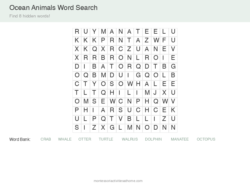 Ocean Animals Word Search puzzle for kids - find 8 hidden ocean animals words