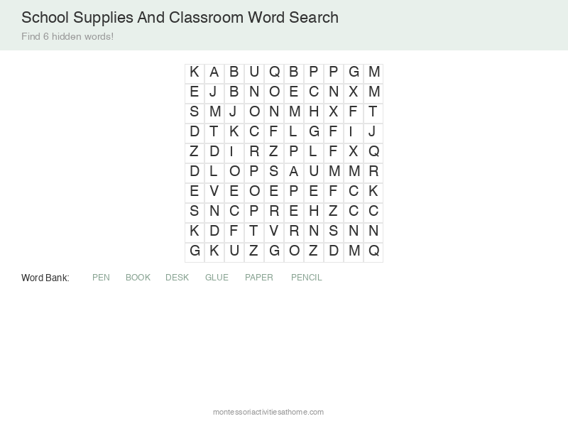 School Word Search puzzle for kids - find 6 hidden school and classroom words