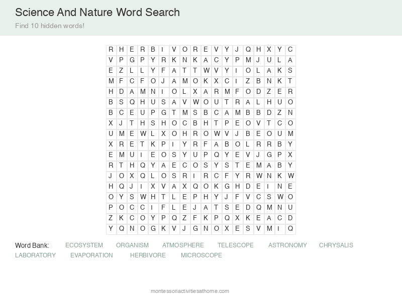 Science Word Search (Hard) puzzle for kids - find 10 hidden science and nature words