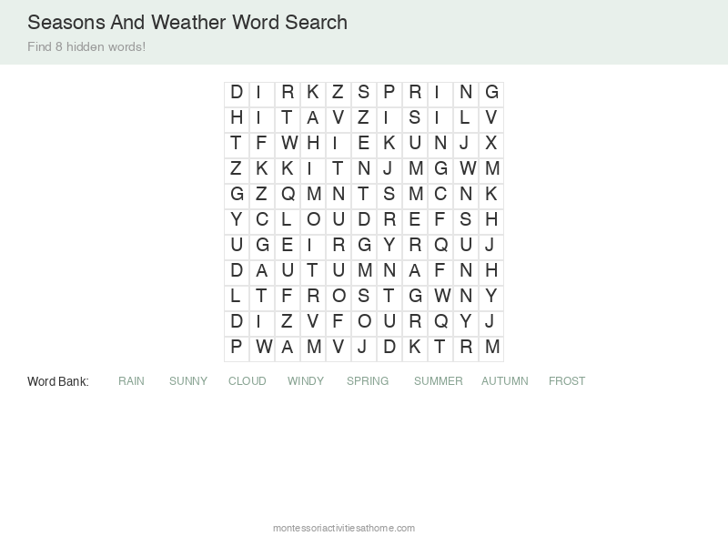 Seasons word search puzzle for kids - find 12 seasonal words in the grid