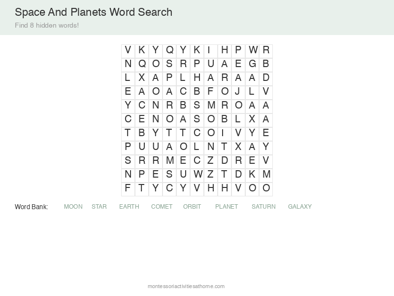 Space Word Search puzzle for kids - find 8 hidden space and planets words