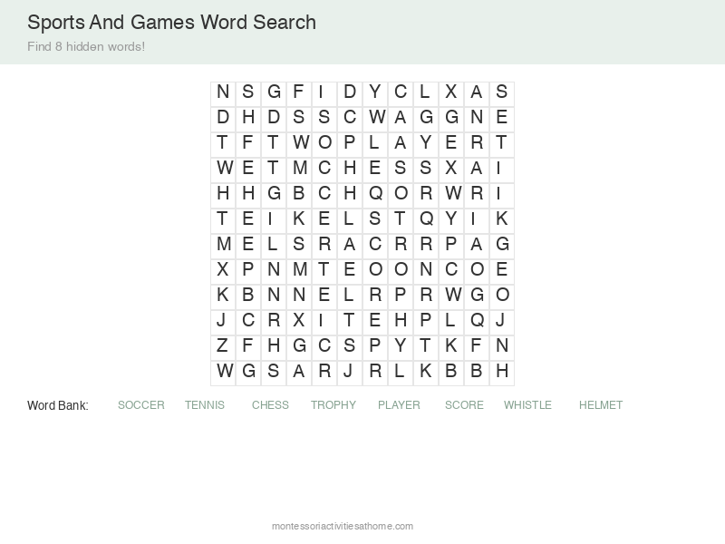 Sports Word Search puzzle for kids - find 8 hidden sports and games words