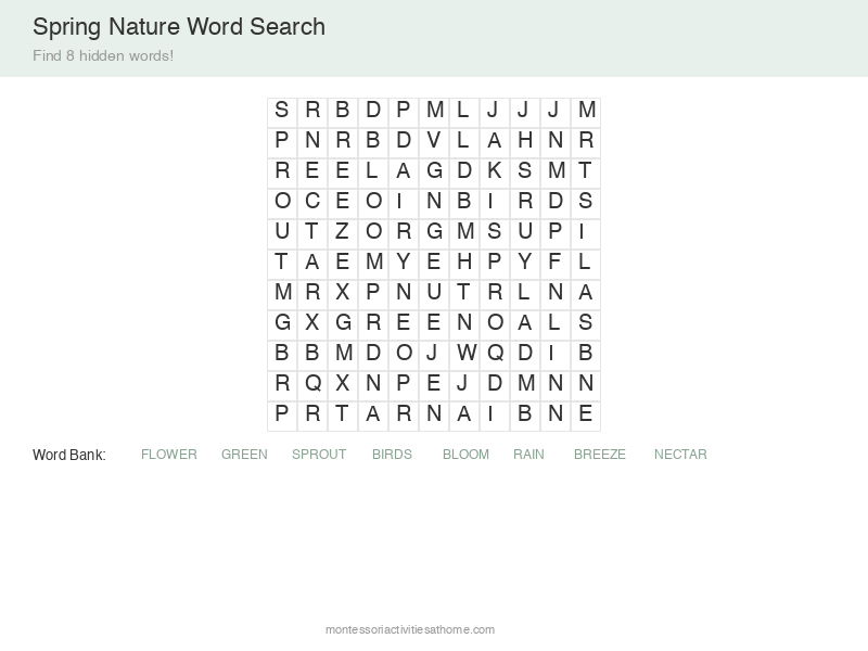 Spring words word search puzzle - find 12 spring-themed vocabulary words