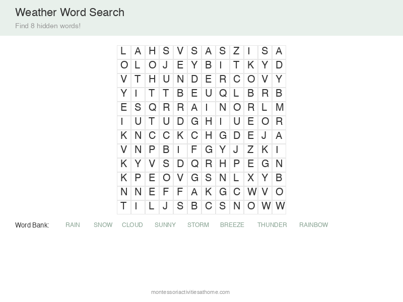 Weather words word search puzzle - find 12 weather vocabulary words